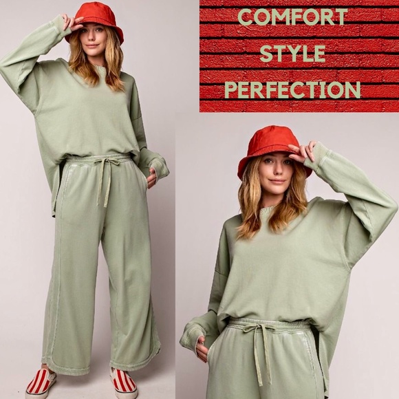 EASEL "So Comfy" Mineral Washed Tunic Top in Sage Statement Side Slits Crew Neck - Picture 9 of 14